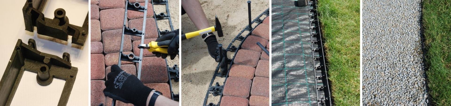 Kolaż obrazków prezentujących sposób montażu trawnikowego obrzeża plastikowego. Na pierwszym obrazku pokazane są zaczepy, którymi łączy się obrzeża. Na drugim sposób przecinania obrzeży, aby utworzyć łuk. Na trzecim pokazano sposób montażu obrzeża przy kostce. Na czwartym widać zamontowane na agrotkaninie obrzeże plastikowe wzdłuż trawnika. Na piątym obrazku obrzeże jest już zamontowa, przytwierdzone do podłoża i zasypane kamyczkami.