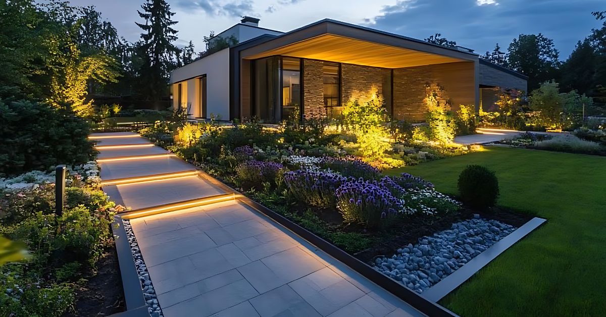 Zdjęcie przedstawia front domu, na który składają się: zielony, zadbany trawnik, rabaty obsadzone bujną roślinnością zieloną i kwitnącą, a także drzewkami. Jest też podświetlany chodnik z kostki brukowej prowadzący do wejścia frontowego domu