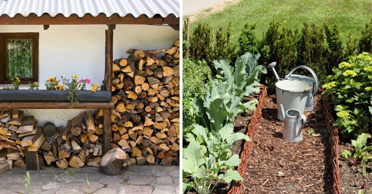 Kolaz_-_drewutnia_obok_domu_warzywnik_w_ogrodzie_z_alejka_po_srodku_i_konewkami