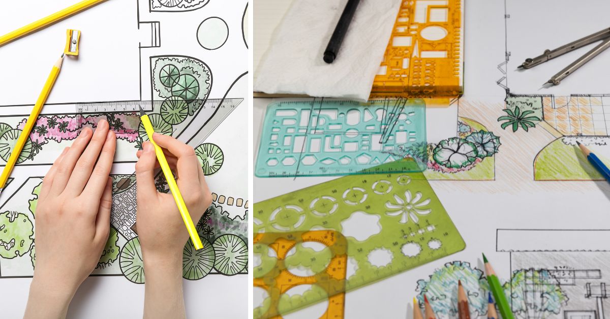 Kolaż dwóch zdjęć, na których widać odęcznie stworzone projekty ogrodu i terenu wokół domu.