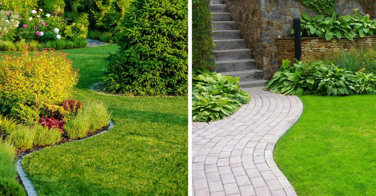 Kolaż dwóch zdjęć: na pierwszym widać fragment ogrodu z trawnikiem i rabatami kwiatowymi wysypanymi korą drzewną i oddzielonymi od rawy obrzeżem plastikowym i kostką. Na drugim zdjęciu jest ścieżka z kostki brukowej prowadząca do schodów. Widać zielony trawnik i bujną, zieloną roślinność
