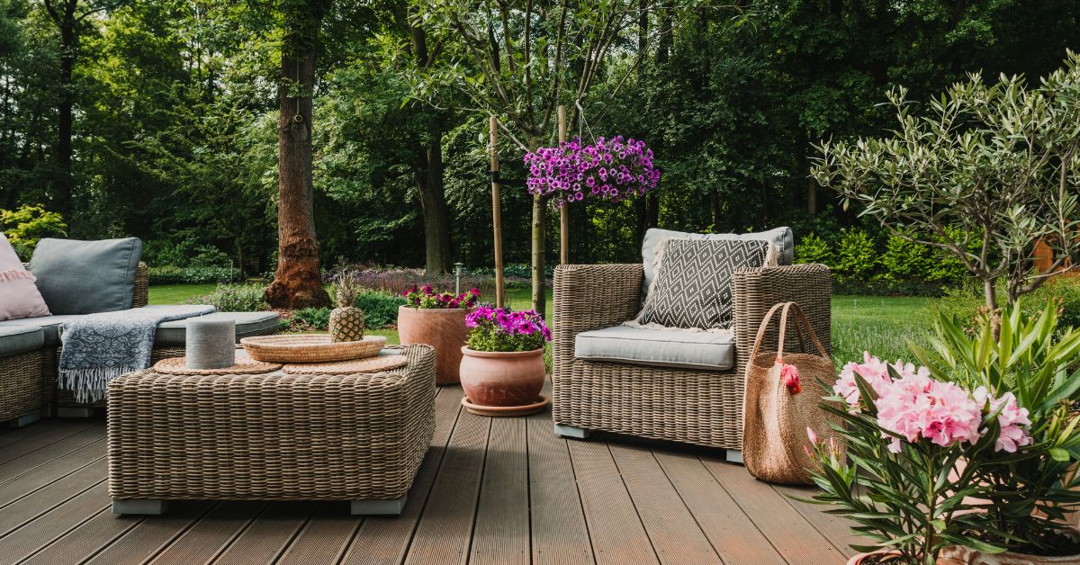 Zdjęcie przedstawia drewniany taras, na którym znajdują się meble ogrodowe, donice z kwiatami kwitnącymi, kolorowe poduszki dekoracyjne. W tle widać wysokie drzewa liściaste, zadbany, zielony trawnik i niskie krzewy.