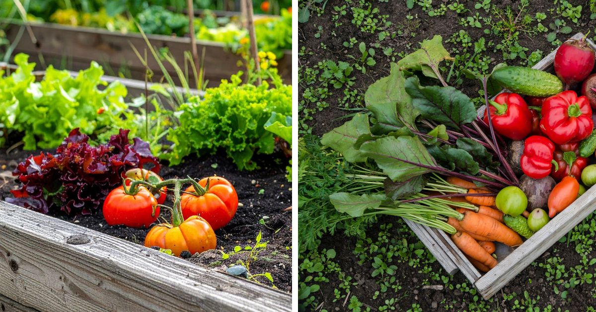 Kolaż 2 zdjęć, na pierwszym znajduje się warzywnik przydomowy, w którym rosną pomidory, sałata zielona, sałata czerwona, na drugim zdjęciu widać skrzynkę drewnianą położoną na ziemi, w której są zebrane warzywa: marchewki, papryki czerwone, ogórki zielone gruntowe, pomidory, buraki